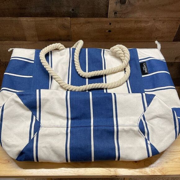 Lancome Tote Bag Canvas Soft Rope Handles Blue White Block Color Snap Closure - Picture 7 of 11